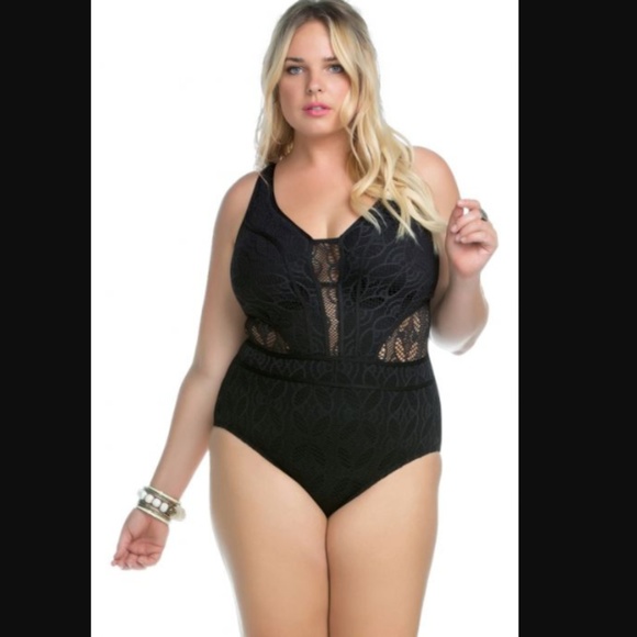 Rebecca Virtue Color Play 1-Piece Black Lace Suit - Picture 2 of 7